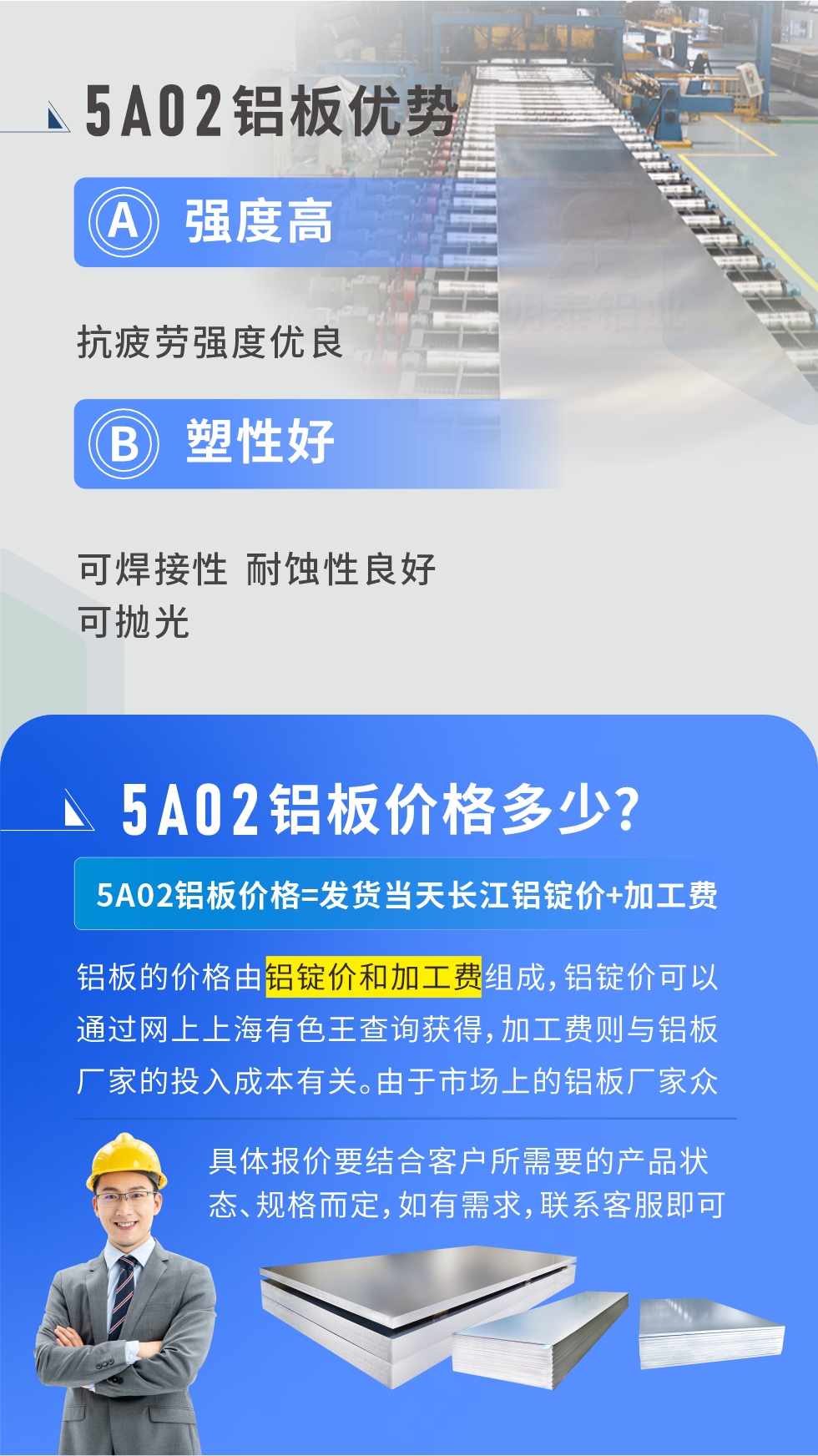 5A02產(chǎn)品優(yōu)勢:強度高、抗疲勞強度優(yōu)良、塑性好、可焊接性、耐蝕性良好、可拋光。5A02鋁板價格多少？5A02鋁板價格=發(fā)貨當天長江鋁錠價+加工費；
鋁板的價格由鋁錠價和加工費組成，鋁錠價可以通過網(wǎng)上上海有色王查詢獲得，加工費則與鋁板廠家的投入成本有關(guān)。由于市場上的鋁板廠家眾多，再加上5a05鋁板具有不同的狀態(tài)和規(guī)格，每個廠家、每個狀態(tài)的報價也都是不一樣的。具體報價要結(jié)合客戶所需要的產(chǎn)品狀態(tài)、規(guī)格而定，如有需求，聯(lián)系客服即可安排業(yè)務(wù)經(jīng)理為您報價。點擊在線咨詢。

