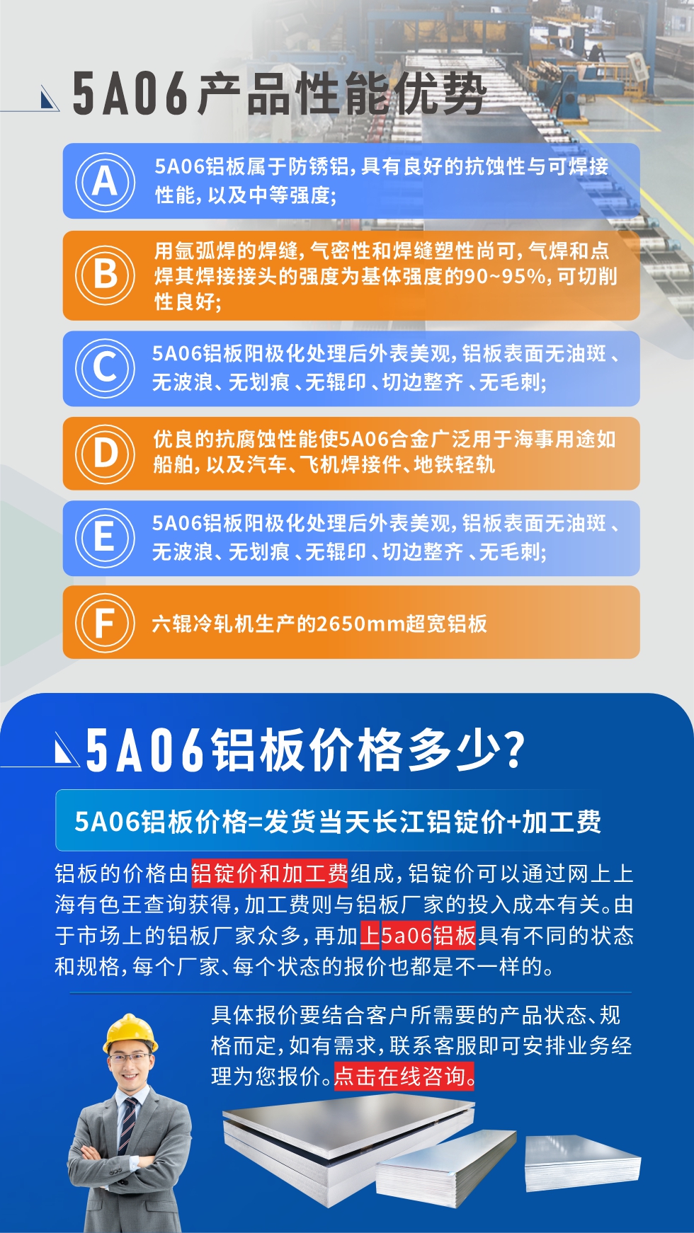 產(chǎn)品性能優(yōu)勢(shì)   

1、5A06鋁板屬于防銹鋁，具有良好的抗蝕性與可焊接性能，以及中等強(qiáng)度;

2、用氬弧焊的焊縫，氣密性和焊縫塑性尚可，氣焊和點(diǎn)焊其焊接接頭的強(qiáng)度為基體強(qiáng)度的90~95%，可切削性良好;

3、5A06鋁板陽(yáng)極化處理后外表美觀，鋁板表面無(wú)油斑 、無(wú)波浪、 無(wú)劃痕 、無(wú)輥印 、切邊整齊 、無(wú)毛刺;

4、優(yōu)良的抗腐蝕性能使5A06合金廣泛用于海事用途如船舶，以及汽車(chē)、飛機(jī)焊接件、地鐵輕軌;

5、六輥冷軋機(jī)生產(chǎn)的2650mm超寬鋁板;