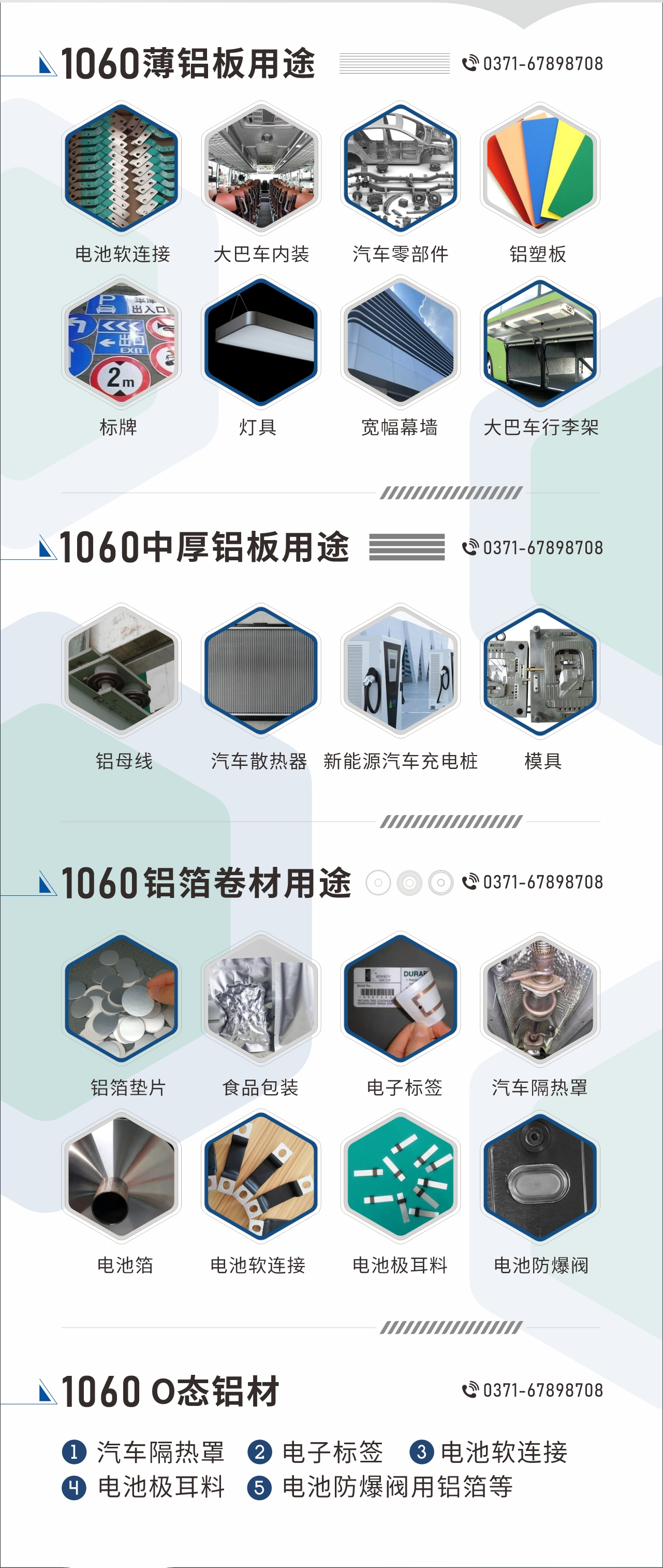 1060鋁板卷用途
　　1060鋁薄板用途： 電池軟連接、大巴車內(nèi)裝、汽車零部件、鋁塑板、標(biāo)牌、燈具、寬幅幕墻、大巴車行李架/地板/花紋板(宇通公司使用)等;1060中厚鋁板用途：鋁母線、汽車散熱器、新能源汽車充電樁、模具等;1060鋁箔卷材用途：鋁箔墊片、食品包裝、電子標(biāo)簽、汽車隔熱罩用鋁箔、電池箔、電池軟連接、電池極耳料、電池防爆閥等;1060-O態(tài)鋁材用途：汽車隔熱罩、電子標(biāo)簽、電池軟連接、電池極耳料、電池防爆閥用鋁箔等;1060鋁板多少錢1噸.1060鋁板價格=發(fā)貨當(dāng)天長江鋁錠價+加工費(fèi)