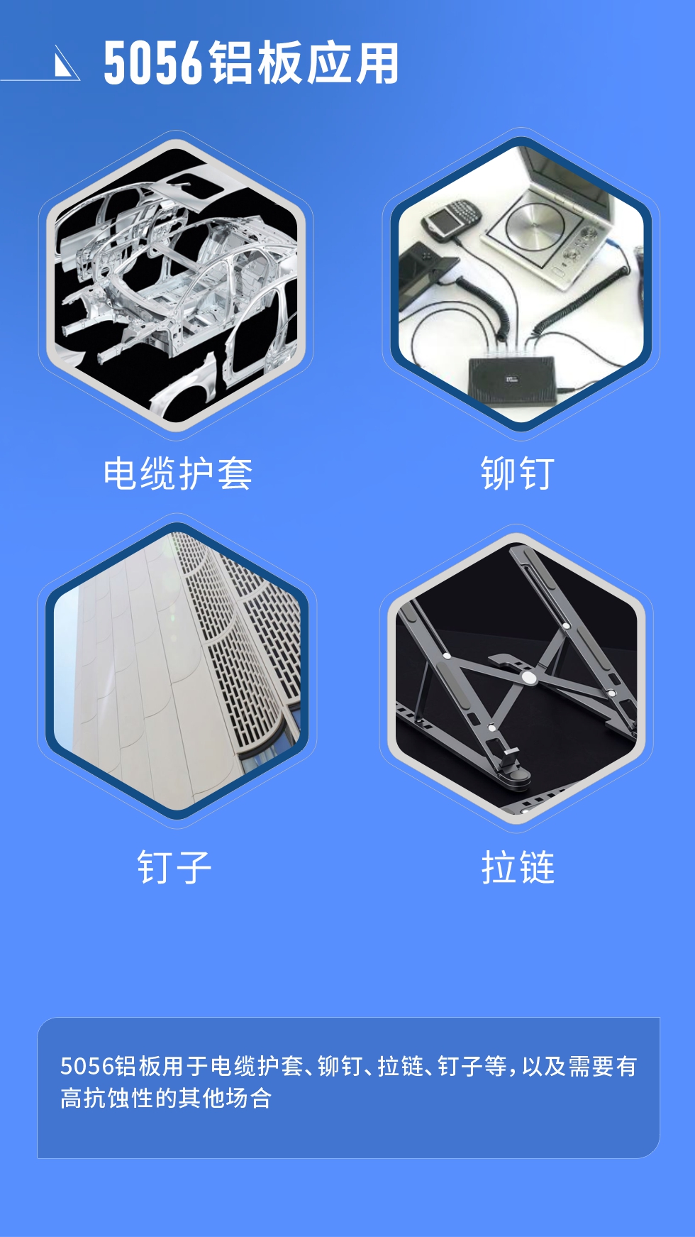 市場應(yīng)用
　　5056鋁板用于電纜護(hù)套、鉚釘、拉鏈、釘子等，以及需要有高抗蝕性的其他場合。
　　5056鋁板生產(chǎn)廠家
　　明泰鋁業(yè)支持定做，為用戶合理推薦更合理產(chǎn)品規(guī)格，并提供優(yōu)惠報(bào)價(jià)，讓您選購無憂。
　　明泰鋁業(yè)是一家集科研、加工、制造為一體的大型現(xiàn)代化鋁加工企業(yè)。公司可生產(chǎn)1-8系鋁板帶箔產(chǎn)品，規(guī)格齊全。