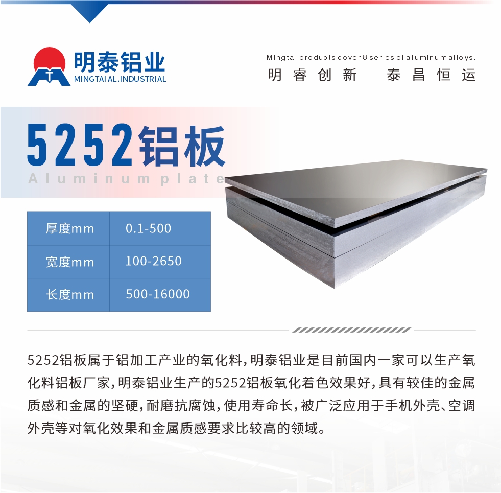 5252鋁板屬于鋁加工產(chǎn)業(yè)的氧化料，明泰鋁業(yè)是目前國內(nèi)一家可以生產(chǎn)氧化料鋁板廠家，明泰鋁業(yè)生產(chǎn)的5252鋁板氧化著色效果好，具有較佳的金屬質(zhì)感和金屬的堅(jiān)硬，耐磨抗腐蝕，使用壽命長，被廣泛應(yīng)用于手機(jī)外殼、空調(diào)外殼等對(duì)氧化效果和金屬質(zhì)感要求比較高的領(lǐng)域。
