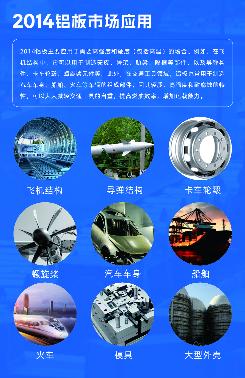 2014鋁板用途:
2014鋁板主要應(yīng)用于需要高強(qiáng)度和硬度（包括高溫）的場(chǎng)合。例如，在飛機(jī)結(jié)構(gòu)中，它可以用于制造蒙皮、骨架、肋梁、隔框等部件，以及導(dǎo)彈構(gòu)件、卡車(chē)輪轂、螺旋槳元件等。此外，在交通工具領(lǐng)域，鋁板也常用于制造汽車(chē)車(chē)身、船舶、火車(chē)等車(chē)輛的組成部件，因其輕質(zhì)、高強(qiáng)度和耐腐蝕的特性，可以大大減輕交通工具的自重，提高燃油效率，增加運(yùn)載能力。
