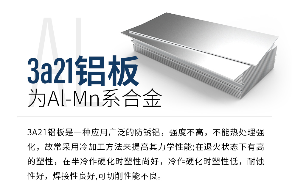 3a21鋁板為Al-Mn系合金，3A21鋁板是一種應(yīng)用廣泛的防銹鋁，強(qiáng)度不高，不能熱處理強(qiáng)化，故常采用冷加工方法來提高其力學(xué)性能;在退火狀態(tài)下有高的塑性，在半冷作硬化時(shí)塑性尚好，冷作硬化時(shí)塑性低，耐蝕性好，焊接性良好,可切削性能不良。