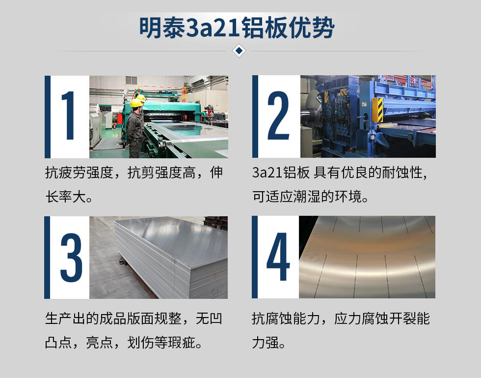 明泰3a21鋁板優(yōu)勢(shì)
　　1、抗疲勞強(qiáng)度，抗剪強(qiáng)度高，伸長(zhǎng)率大。
　　2、3a21鋁板 具有優(yōu)良的耐蝕性,可適應(yīng)潮濕的環(huán)境。
　　3、 生產(chǎn)出的成品版面規(guī)整，無凹凸點(diǎn)，亮點(diǎn)，劃傷等瑕疵。
　　4、抗腐蝕能力，應(yīng)力腐蝕開裂能力強(qiáng)。
